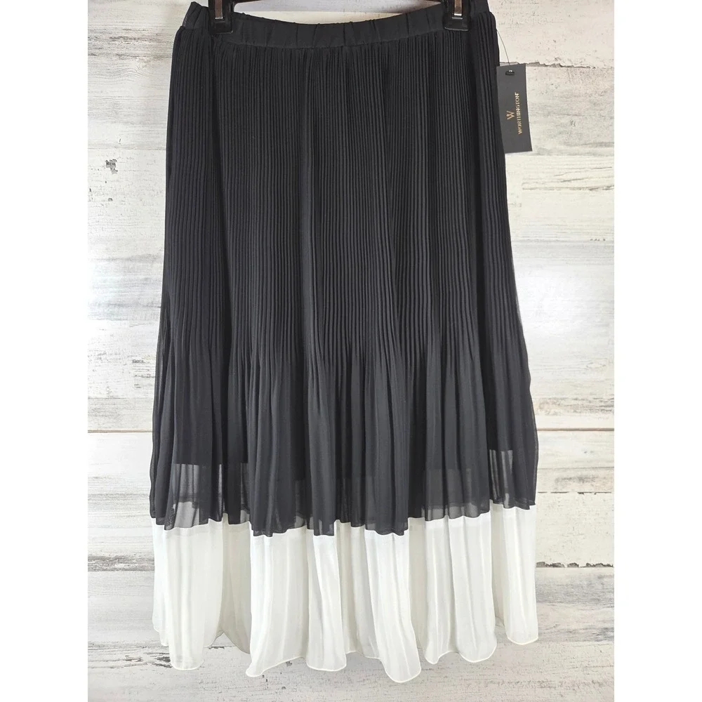 Worthington Pleated Skirt Women Small Black White Colorblock Midi NWT